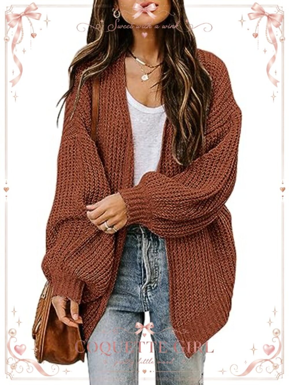 Oversized Chunky Knit Open Front Cardigan Lantern Sleeve Sweater